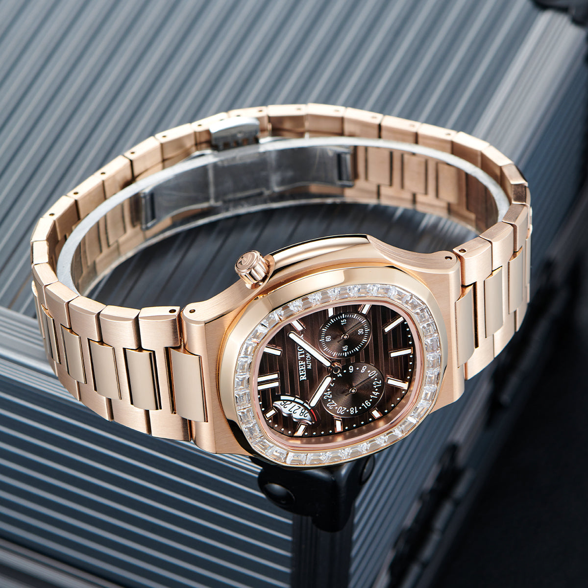 Reef Tiger Men's Peak 44mm Square Crystal Bezel Automatic Watch RGA2019 Rose Gold/Brown image 5