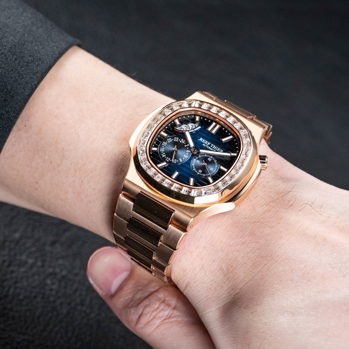 Reef Tiger Men's Peak 44mm Square Crystal Bezel Automatic Watch RGA2019 Rose Gold/Blue image 1