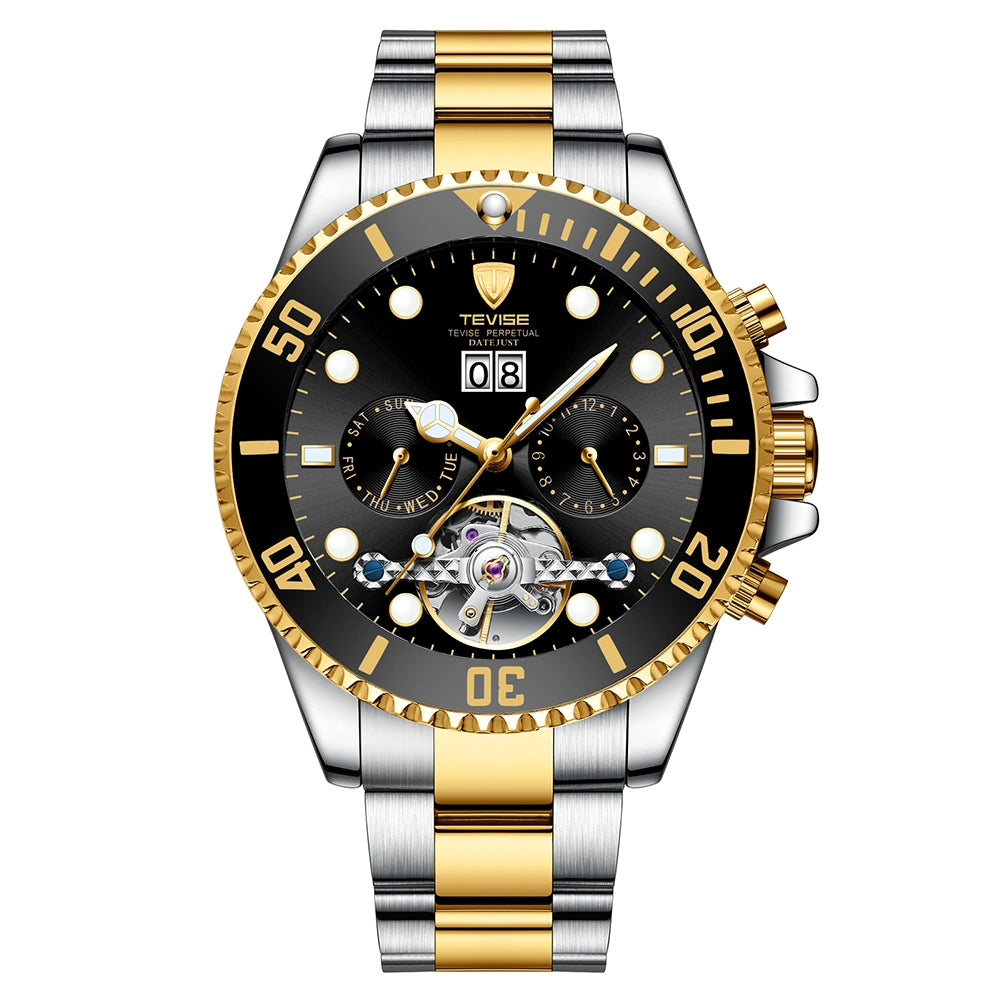 TEVISE Perpetual Flywheel Date Automatic Two Tone Black Watch image 0