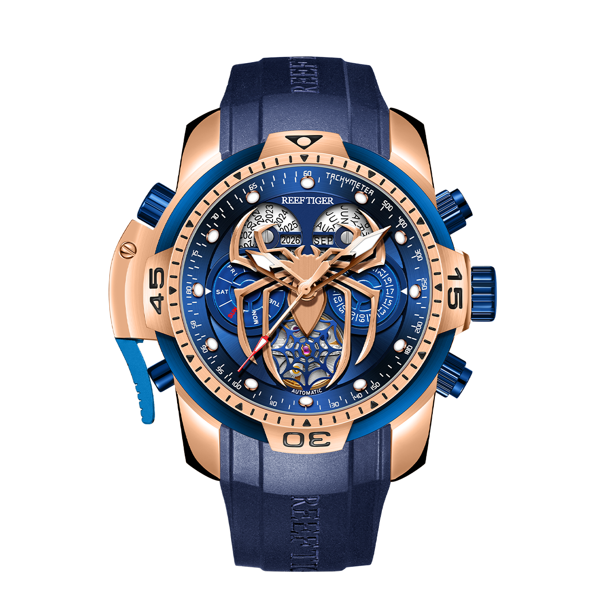 Reef Tiger Men's Aurora Spider Automatic Chronograph Watch Rose Gold/Blue - Rubber image