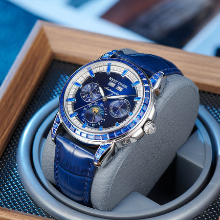 Reef Tiger Classic Philosopher Zirconia Bezel Multifunctional Mechanical Moon Phase Automatic Watch Blue Zircon RGA1988 image 2