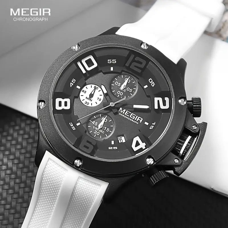 MEGIR Men's Submarine II Chronograph Date 47mm Silicone Strap Watch White