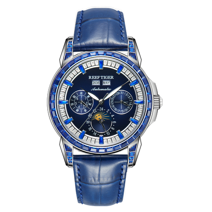Reef Tiger Classic Philosopher Zirconia Bezel Multifunctional Mechanical Moon Phase Automatic Watch Blue Zircon RGA1988 image 0