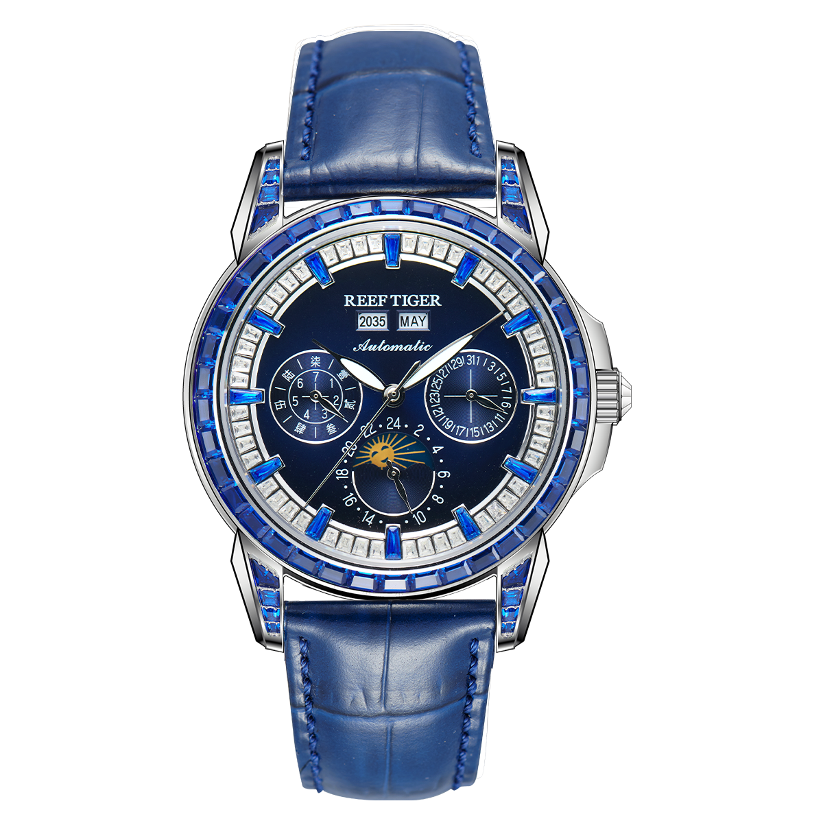 Reef Tiger Classic Philosopher Zirconia Bezel Multifunctional Mechanical Moon Phase Automatic Watch Blue Zircon RGA1988 image 0