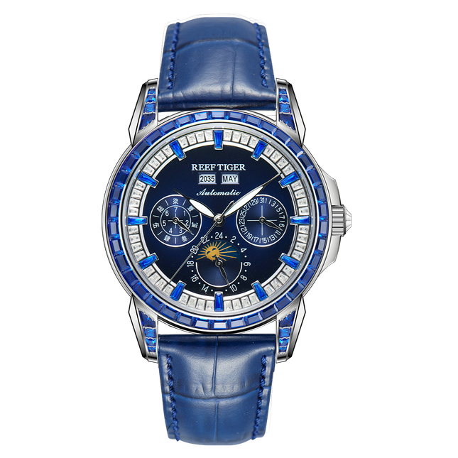 Reef Tiger Classic Philosopher Zirconia Bezel Multifunctional Mechanical Moon Phase Automatic Watch Blue Zircon RGA1988 image 0