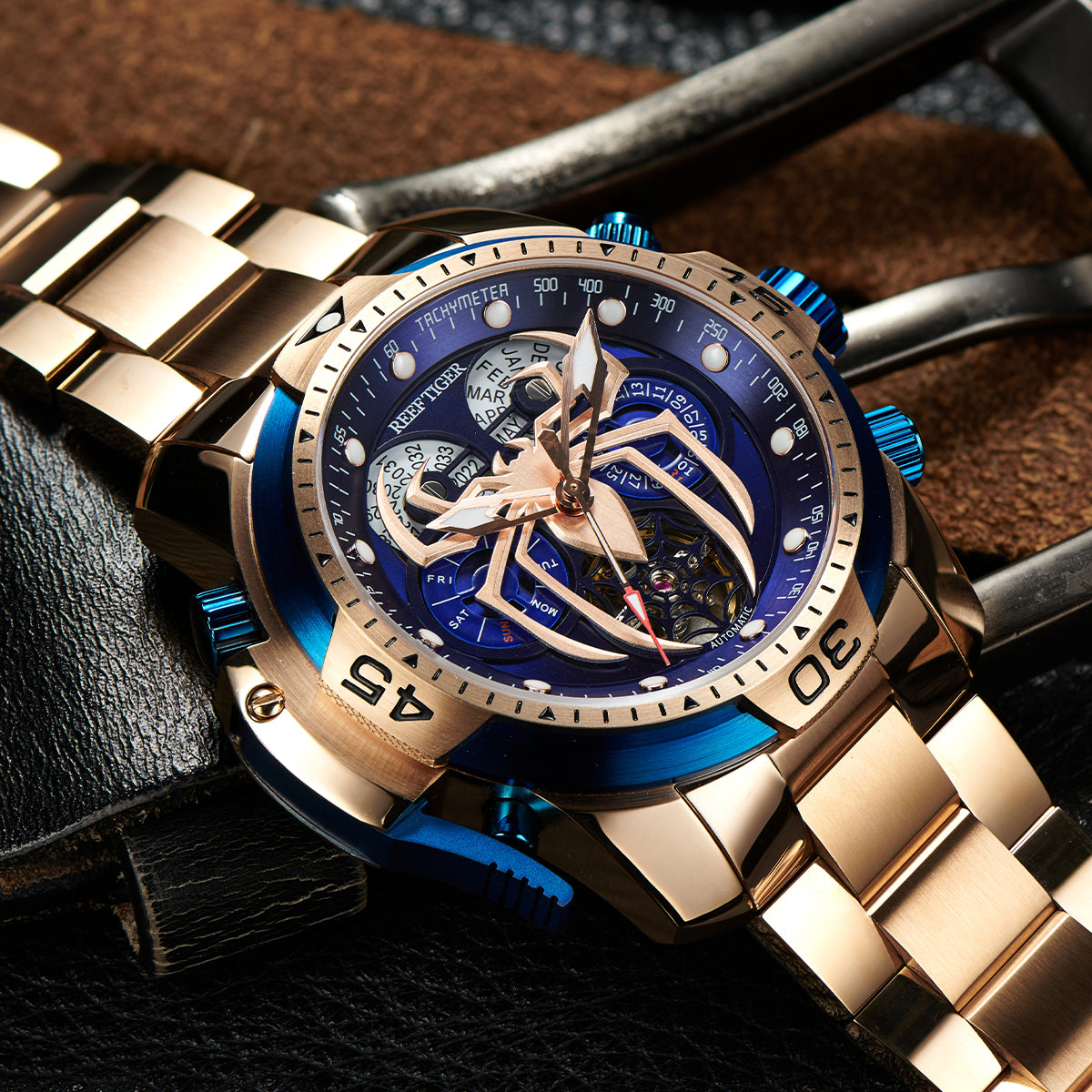 Reef Tiger Men's Aurora Spider Automatic Chronograph Watch Rose Gold/Blue image 7