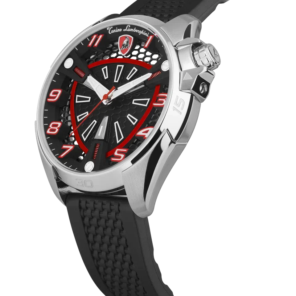 TONINO LAMBORGHINI Shock ABS Rubber Watch Silver/Red