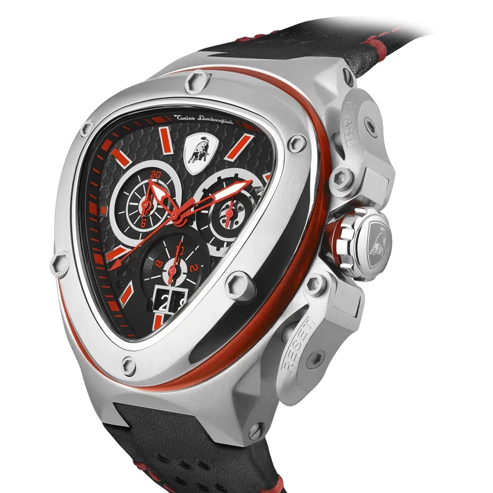 TONINO LAMBORGHINI Spyder X Leather Watch Silver / Red