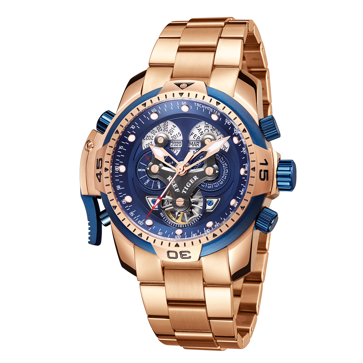 Reef Tiger Men's Aurora Concept Skeleton Automatic Mechanical Watch Rose Gold/Blue image 7
