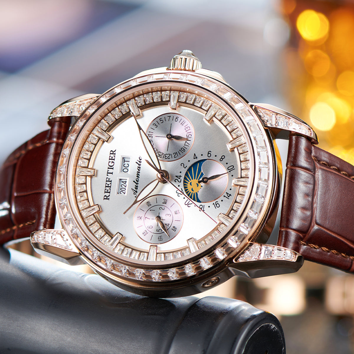 Reef Tiger Classic Philosopher Zirconia Bezel Multifunctional Mechanical Moon Phase Automatic Watch Luxury Rose Gold RGA1988 image 4