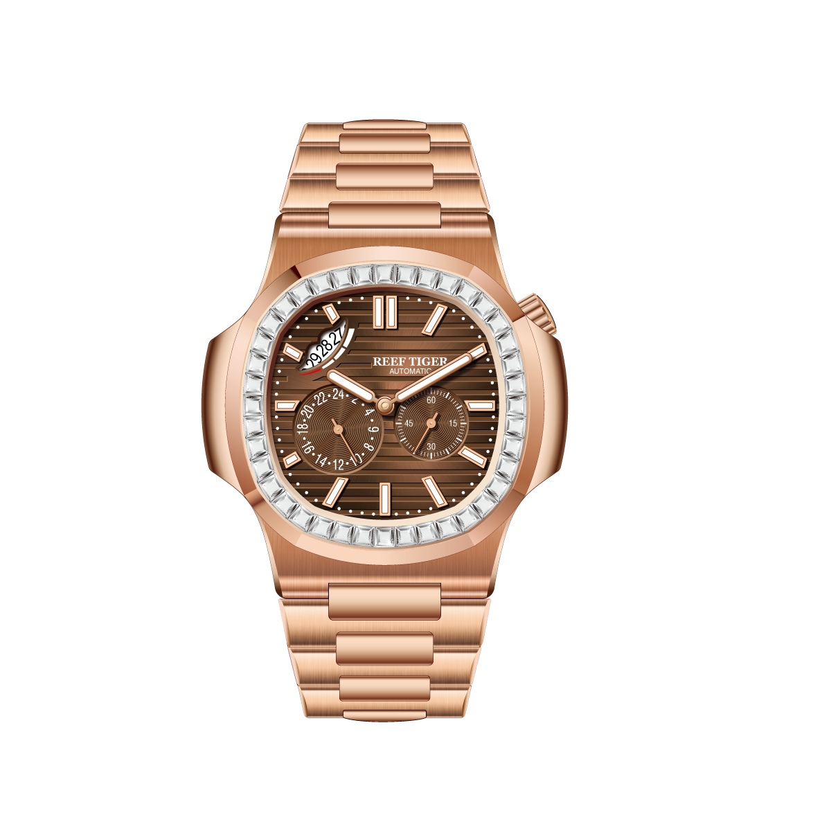 Reef Tiger Men's Peak 44mm Square Crystal Bezel Automatic Watch RGA2019 Rose Gold/Brown image 13