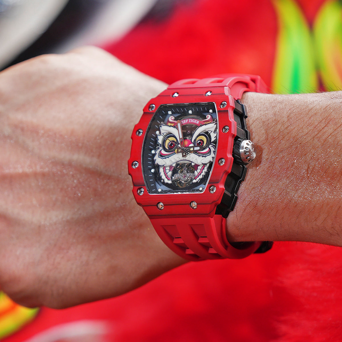 Reef Tiger Men's Chinese Lion Dance Automatic Skeleton Watch RGA3009 Red image 10