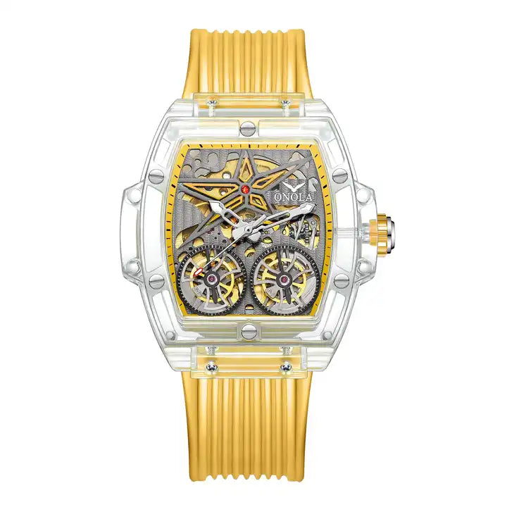 ONOLA Clear Series Plastic Transparent Maximus Double Barrel AUTOMATIC Watch - Clear / Yellow image