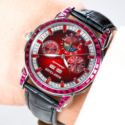 Reef Tiger Classic Philosopher Zirconia Bezel Multifunctional Mechanical Moon Phase Automatic Watch Burgandy RGA1988 image 3