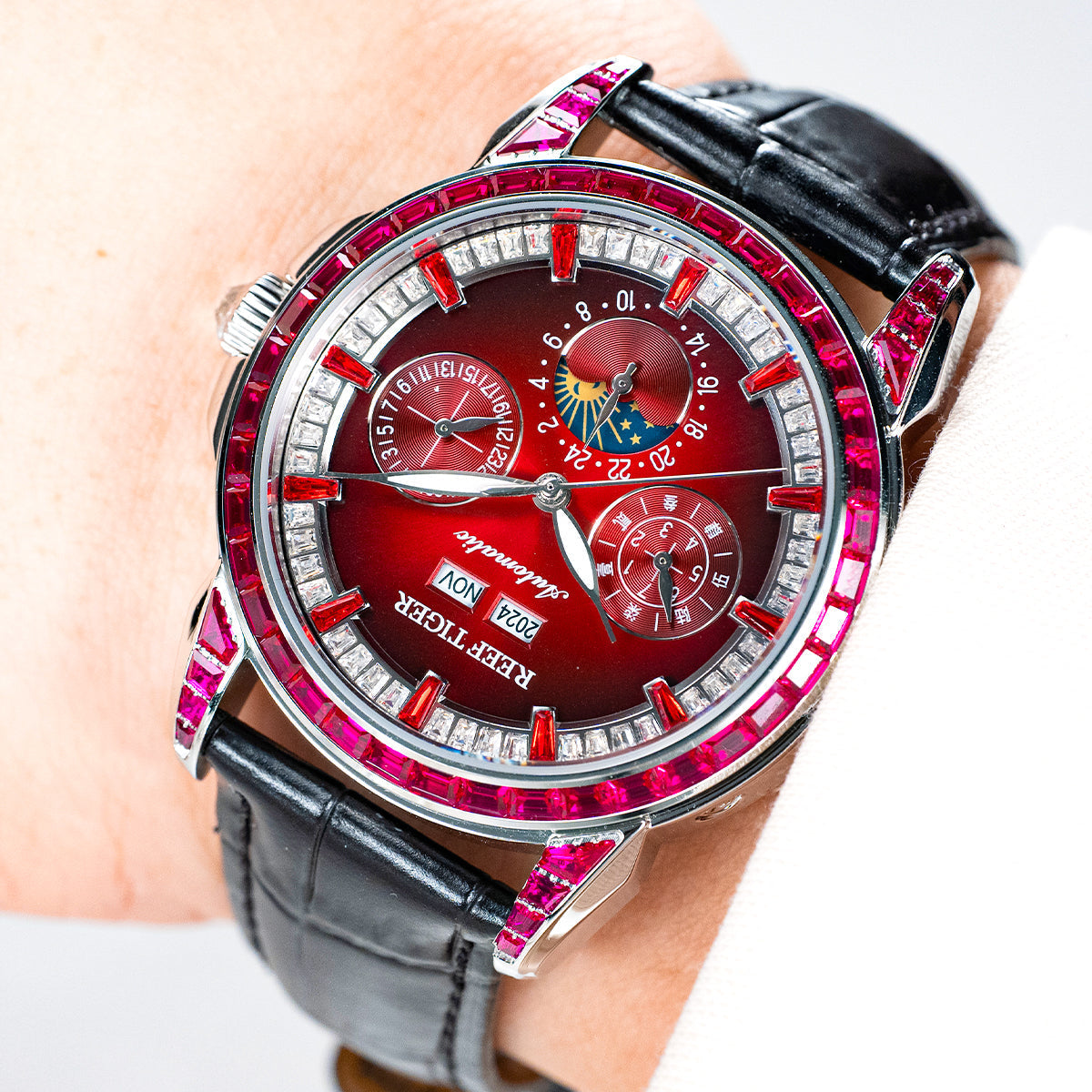 Reef Tiger Classic Philosopher Zirconia Bezel Multifunctional Mechanical Moon Phase Automatic Watch Burgandy RGA1988 image 3