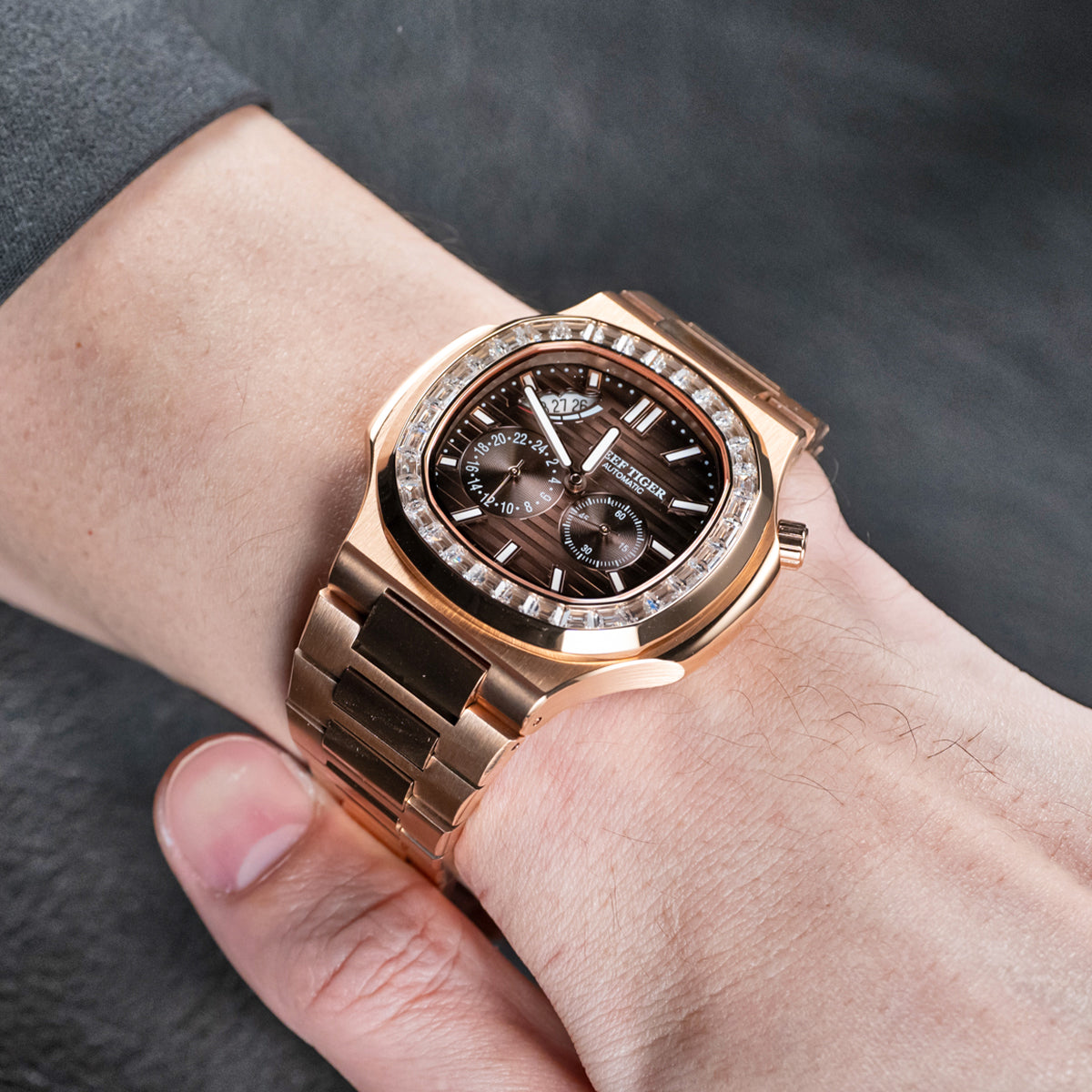 Reef Tiger Men's Peak 44mm Square Crystal Bezel Automatic Watch RGA2019 Rose Gold/Brown image 2