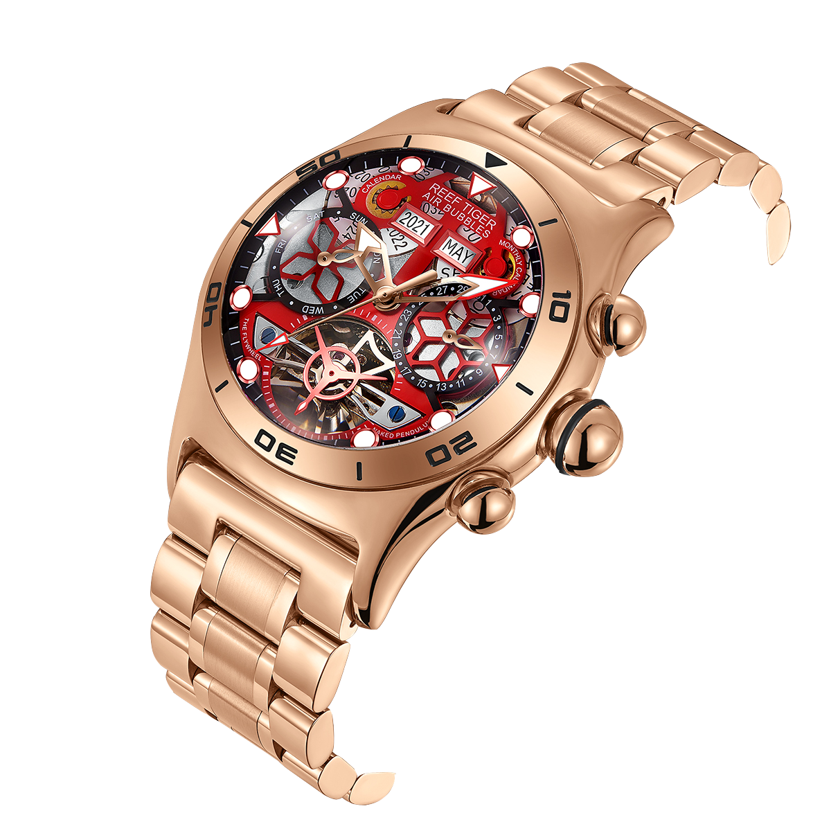 Reef Tiger Men's Aurora Air Bubbles Automatic Mechanical Skeleton Watch Rose Gold/Camel image 5