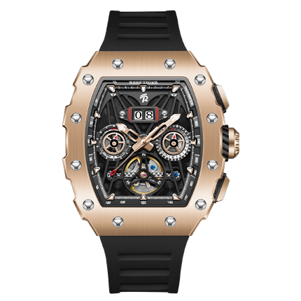 Reef Tiger Men's Aurora Titan Mechanical Multifunctional Day/Date Skeleton Automatic Watch RGA3009 Rose Gold image 0