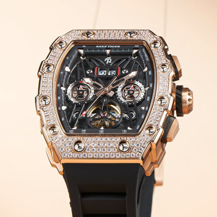 Reef Tiger Men's Aurora Titan Mechanical Multifunctional Day/Date Skeleton Automatic Watch RGA3009 Rose Gold image 13