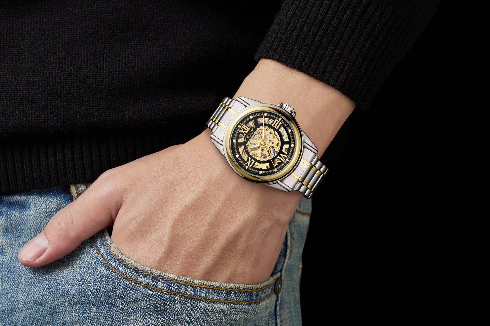 Skeleton Automatic Two Tone Gold & Steel Mens Watch image 3