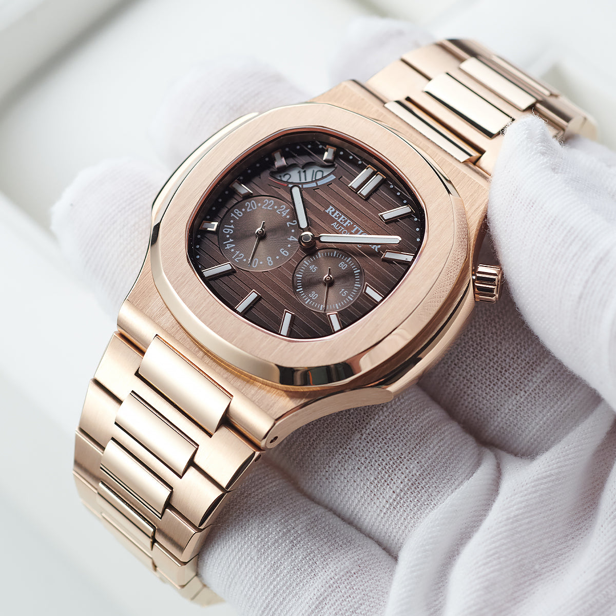 Reef Tiger Men's Peak 44mm Square Crystal Bezel Automatic Watch RGA2019 Rose Gold/Brown image 9