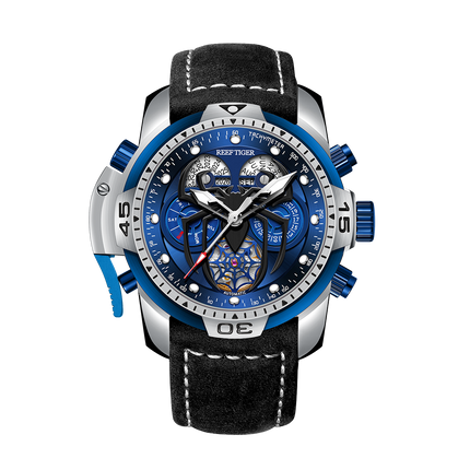 Reef Tiger Men's Aurora Spider Automatic Chronograph Watch Silver/Blue - Leather image