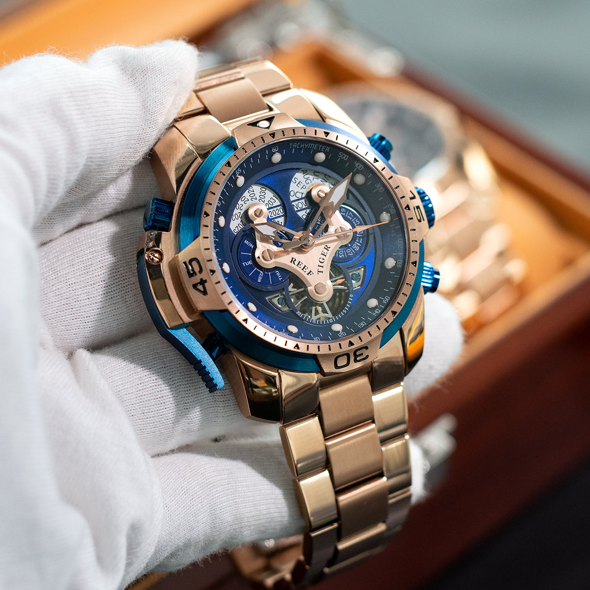 Reef Tiger Aurora Concept Luxury Skeleton Men's Automatic Rose Gold Watches for Men image 5