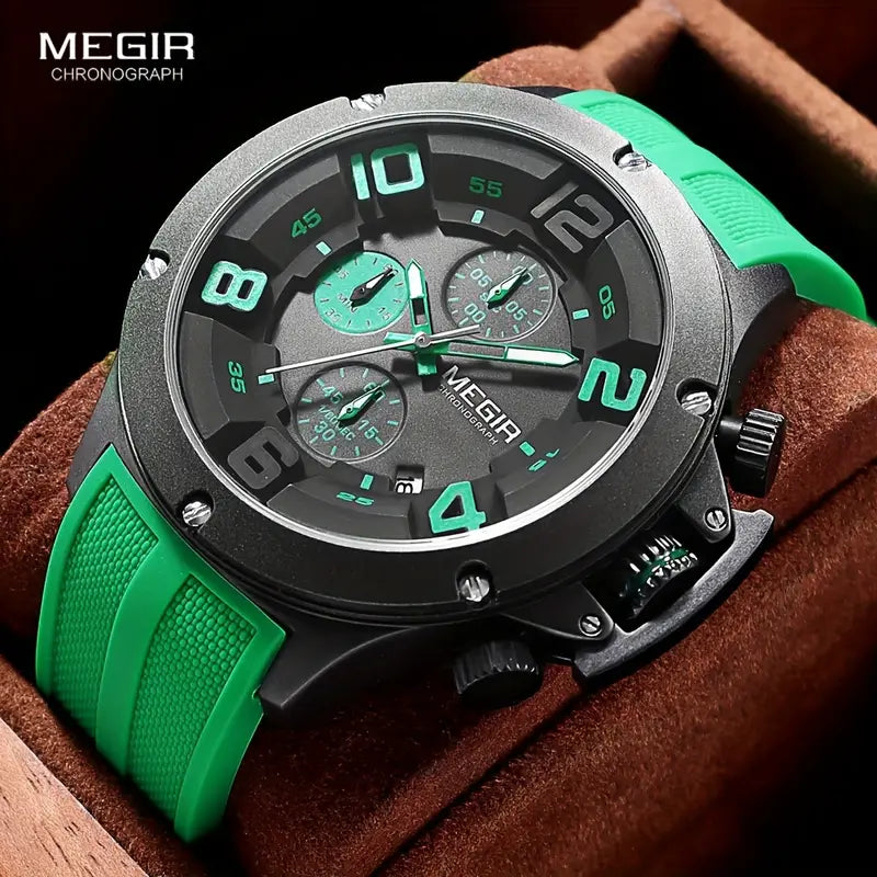 MEGIR Men's Submarine II Chronograph Date 47mm Silicone Strap Watch Green