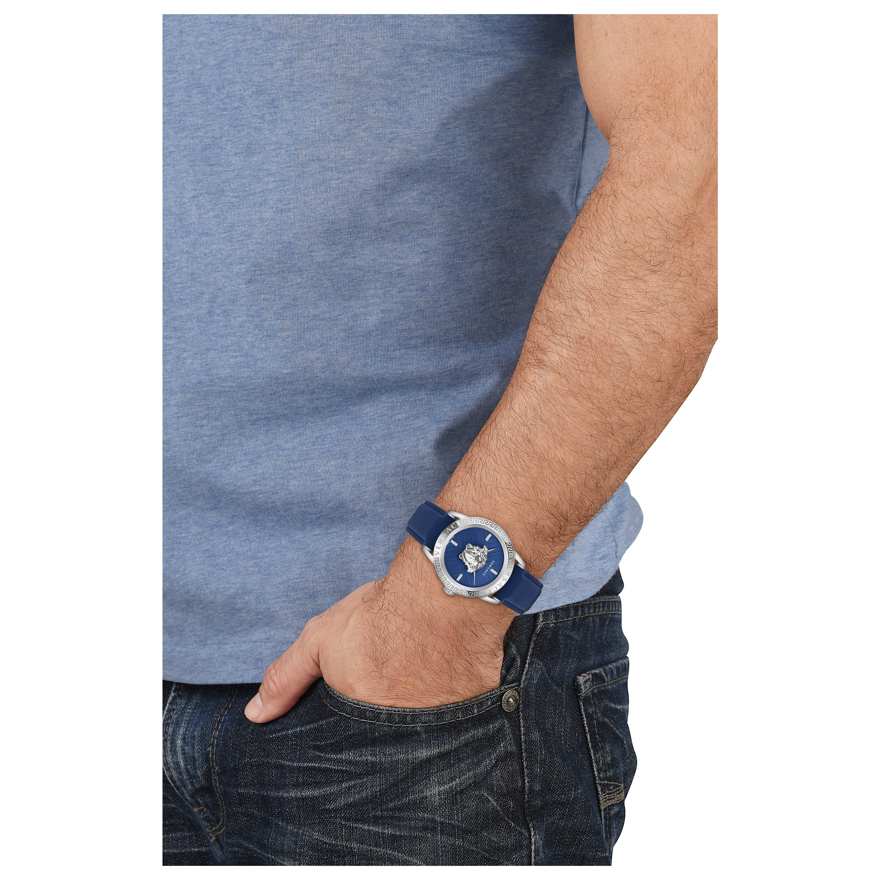 Versace Men's V-Code 43mm Blue Leather Watch image 3