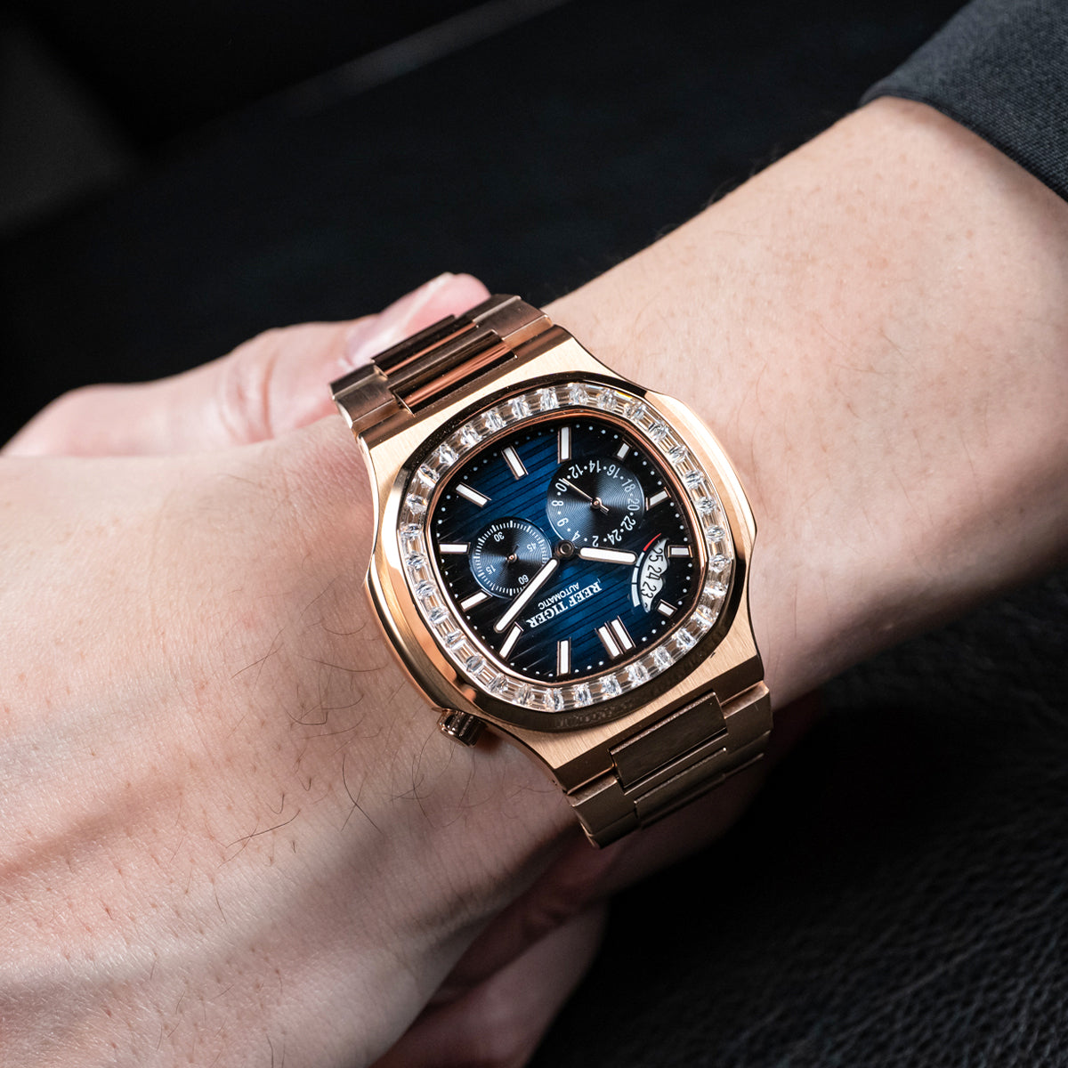 Reef Tiger Men's Peak 44mm Square Crystal Bezel Automatic Watch RGA2019 Rose Gold/Blue image 11