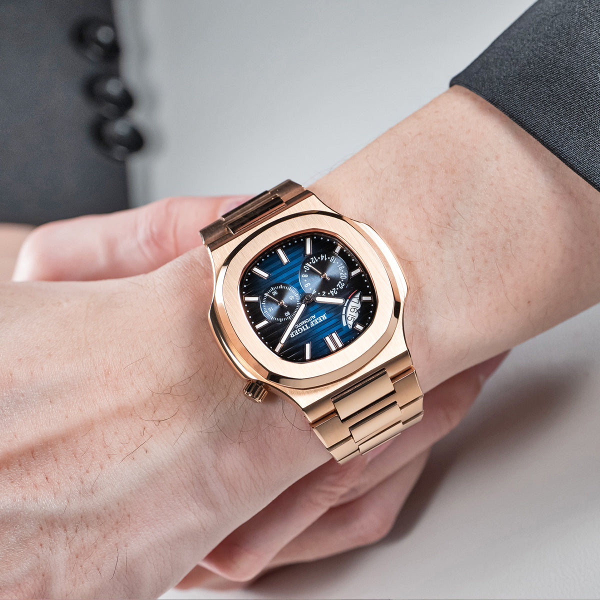 Reef Tiger Men's Peak 44mm Square Crystal Bezel Automatic Watch RGA2019 Rose Gold/Blue image 10