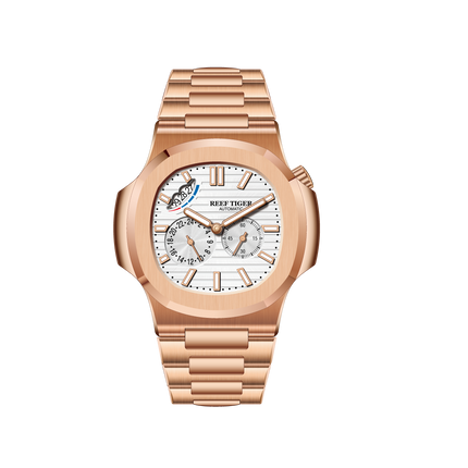 Reef Tiger Men's Peak 44mm Square Crystal Bezel Automatic Watch RGA2019 Rose Gold/White - Steel Bezel image