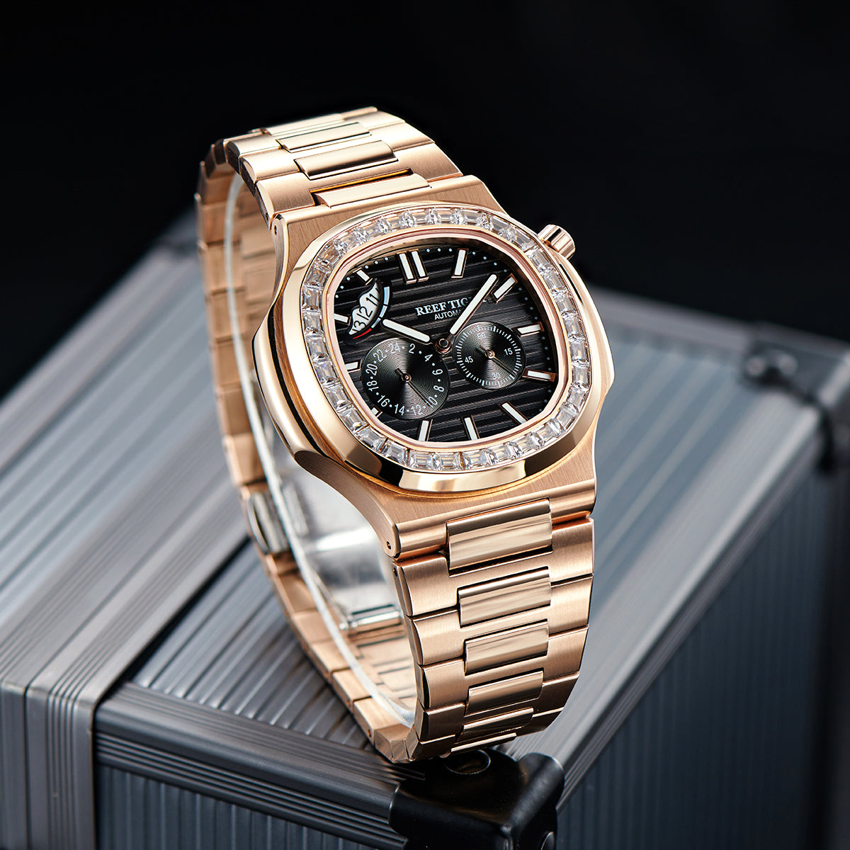 Reef Tiger Men's Peak 44mm Square Crystal Bezel Automatic Watch RGA2019 Rose Gold/Black image 4