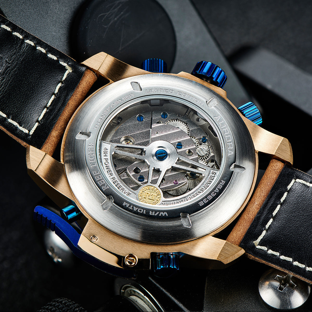 Reef Tiger Men's Aurora Spider Automatic Chronograph Watch Rose Gold/Blue image 4