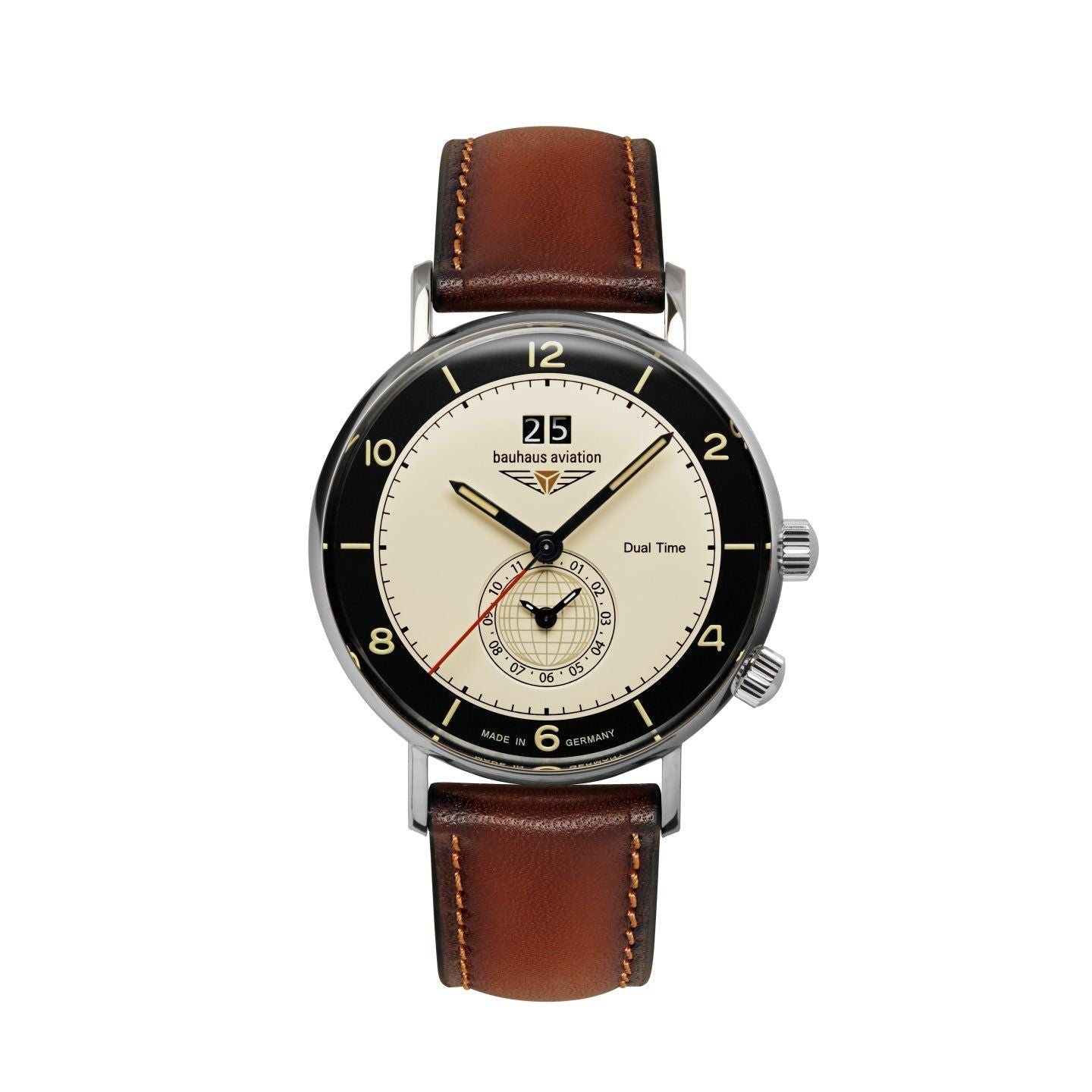BAUHAUS AVIATION Men's Vintage Dual Time Leather Strap Watch 24462 image 0
