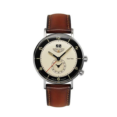 BAUHAUS AVIATION Men's Vintage Dual Time Leather Strap Watch 24462 image 0