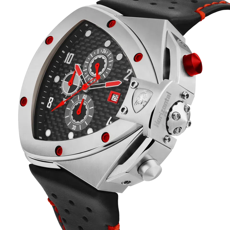 TONINO LAMBORGHINI Spyder H Leather Watch Silver / Red