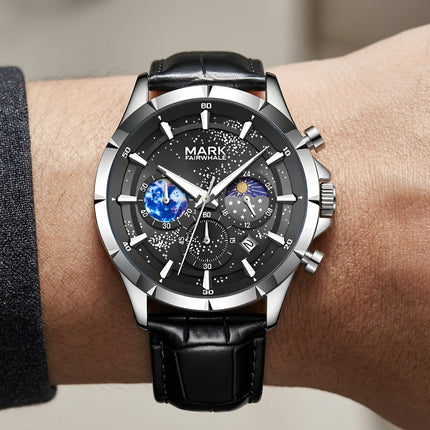 Mark Fairwhale FW-5870 LUNAVOR - Men’s Moon Phase Chronograph Leather Strap Watch