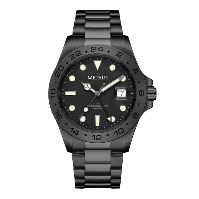 MEGIR ELITE Men's GMT Date 43mm Stainless Steel Black Ionic Oyster Bracelet Watch