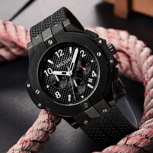 MEGIR Men's Night Dweller Chronograph Date 48mm Silicone Strap Watch Black / Black