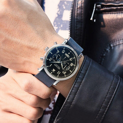 MEGIR Men's Big Pilot Chronograph Date 45mm Silver / Black Leather Watch