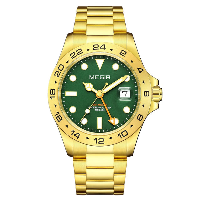 MEGIR ELITE Men's GMT Date 43mm Stainless Steel Gold / Green Oyster Bracelet Watch
