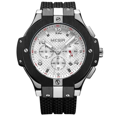 MEGIR Men's Night Dweller Chronograph Date 48mm Silicone Strap Watch Silver / Black