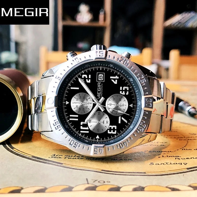 MEGIR Men's Avenger Chronograph Date 45mm Stainless Steel Bracelet Watch Silver / Black