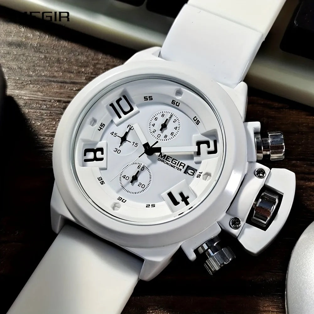 MEGIR Men's Submarine Chronograph Date 50mm Silicone Strap Watch White