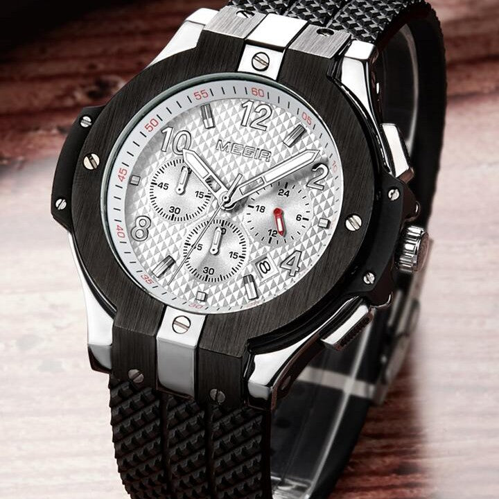 MEGIR Men's Night Dweller Chronograph Date 48mm Silicone Strap Watch Silver / Black