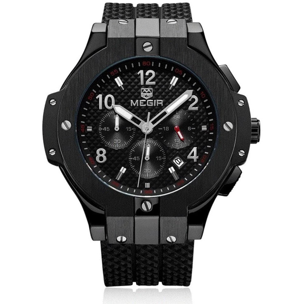 MEGIR Men's Night Dweller Chronograph Date 48mm Silicone Strap Watch Black / Black