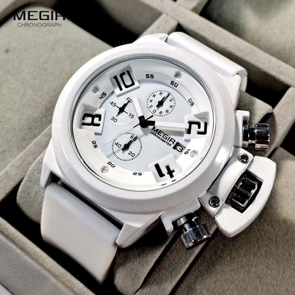 MEGIR Men's Submarine Chronograph Date 50mm Silicone Strap Watch White