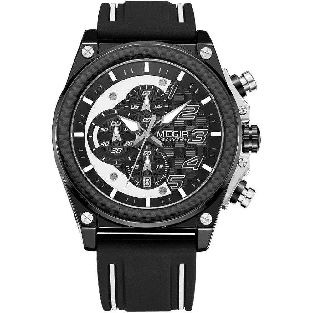 MEGIR Men's Racer Chronograph Date 45mm Black / Silver / Black Silicone Strap Watch