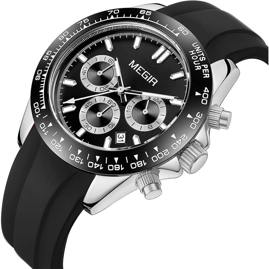 MEGIR Men's Speedster Chronograph Date 43mm Silicone Watch Silver / Black Oyster